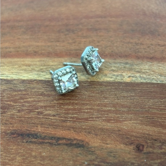 925 Silver Princess Cut CZ Stud Earrings for Women Square Halo Diamond - Picture 3 of 5